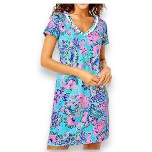Lilly Pulitzer XS Blue Horizon Jungle Sunrise Mini Dress Tropical Resort Preppy